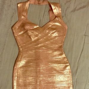 Herve Leger Metallic Rose Gold Bandage Dress